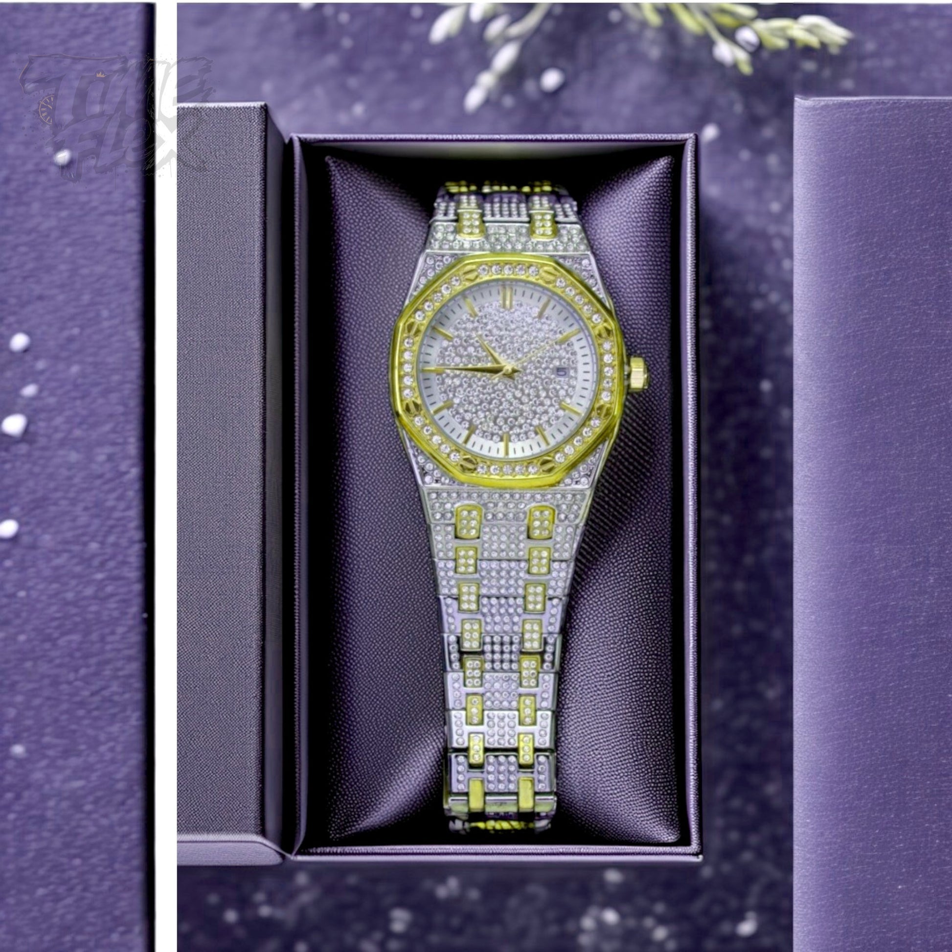 Two-tone silver and gold men's and women's watch with a diamond-studded dial and bezel. The watch features a sparkling design with crystal-encrusted links on the band, offering a luxurious, eye-catching appearance.