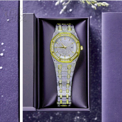 Two-tone silver and gold men's and women's watch with a diamond-studded dial and bezel. The watch features a sparkling design with crystal-encrusted links on the band, offering a luxurious, eye-catching appearance.