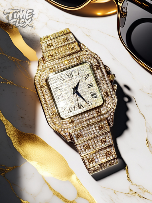 Gold-tone unisex watch with a red dial, crystal-encrusted bezel, and rectangular stones on the band. The watch features sparkling Roman numeral markers and a date display, offering a luxurious and eye-catching design.