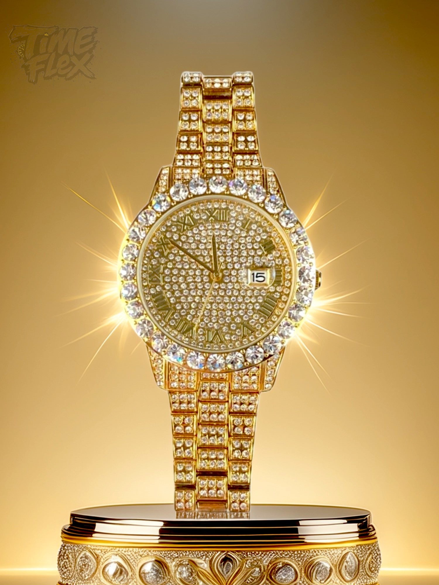 Gold-tone women's and men's watch with a diamond-studded bezel and a sparkling crystal-encrusted band. The watch features a textured gold dial, Roman numeral markers, and a date display at the 3 o'clock position, offering a luxurious and elegant look.