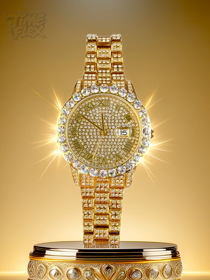 Gold-tone women's and men's watch with a diamond-studded bezel and a sparkling crystal-encrusted band. The watch features a textured gold dial, Roman numeral markers, and a date display at the 3 o'clock position, offering a luxurious and elegant look.