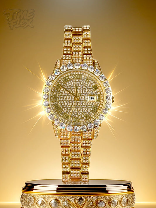 Gold-tone women's and men's watch with a diamond-studded bezel and a sparkling crystal-encrusted band. The watch features a textured gold dial, Roman numeral markers, and a date display at the 3 o'clock position, offering a luxurious and elegant look.