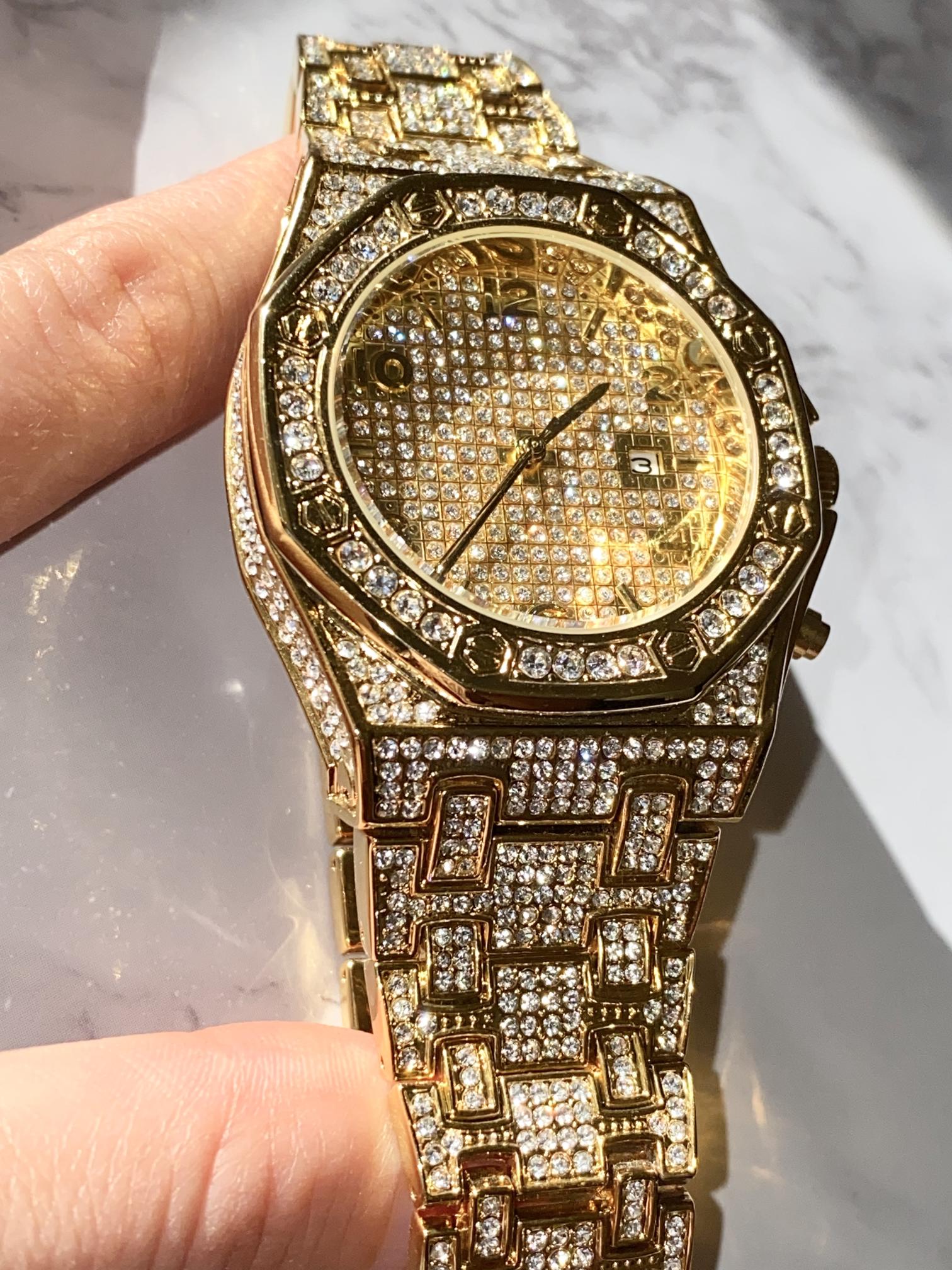 Gold iced-out octagon watch with pavé dial, gold markers, and diamond bracelet – luxury streetwear timepiece