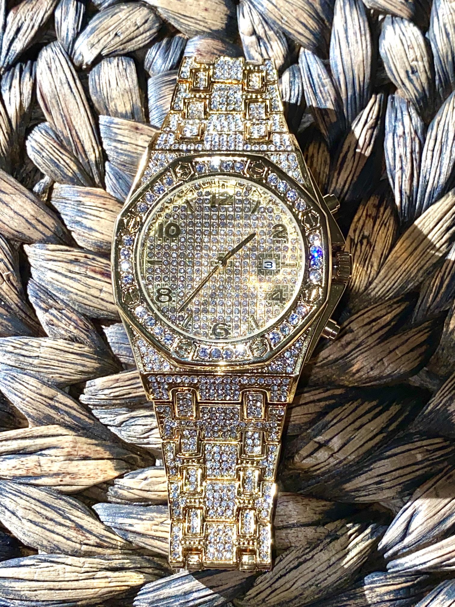 Gold iced-out octagon watch with pavé dial, gold markers, and diamond bracelet – luxury streetwear timepiece