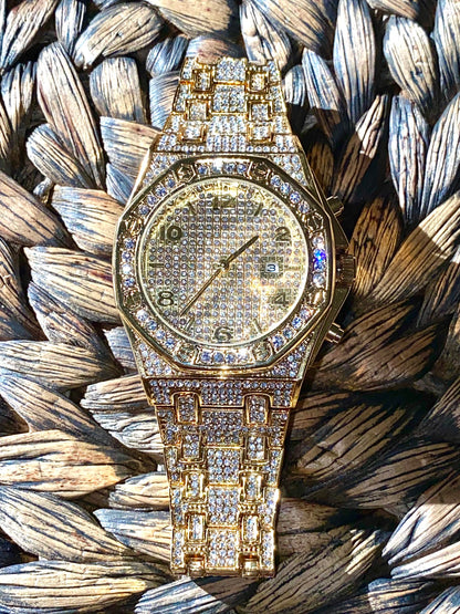 Gold iced-out octagon watch with pavé dial, gold markers, and diamond bracelet – luxury streetwear timepiece