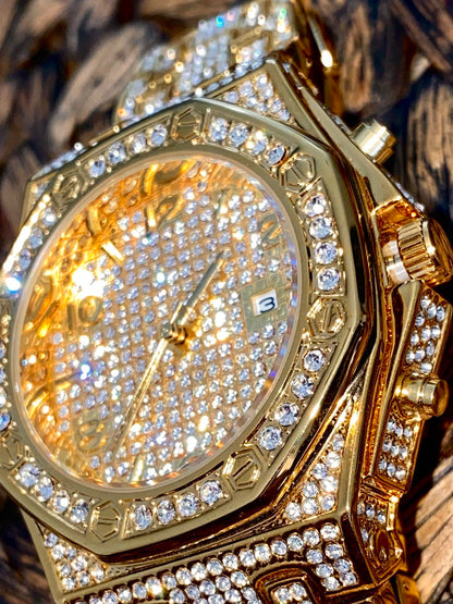 Gold iced-out octagon watch with pavé dial, gold markers, and diamond bracelet – luxury streetwear timepiece