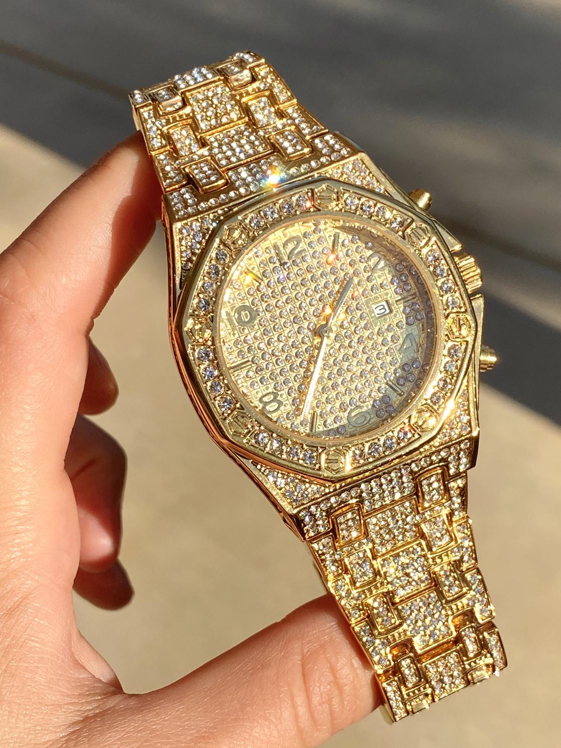 Gold iced-out octagon watch with pavé dial, gold markers, and diamond bracelet – luxury streetwear timepiece