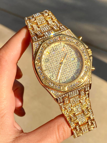 Gold iced-out octagon watch with pavé dial, gold markers, and diamond bracelet – luxury streetwear timepiece