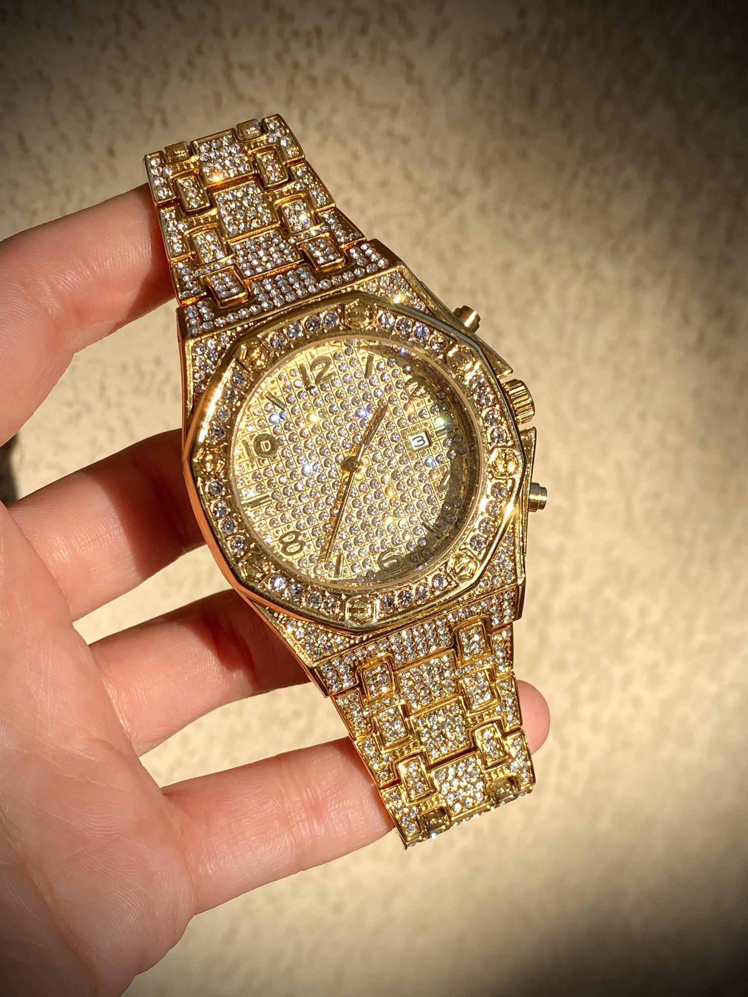 Gold iced-out octagon watch with pavé dial, gold markers, and diamond bracelet – luxury streetwear timepiece