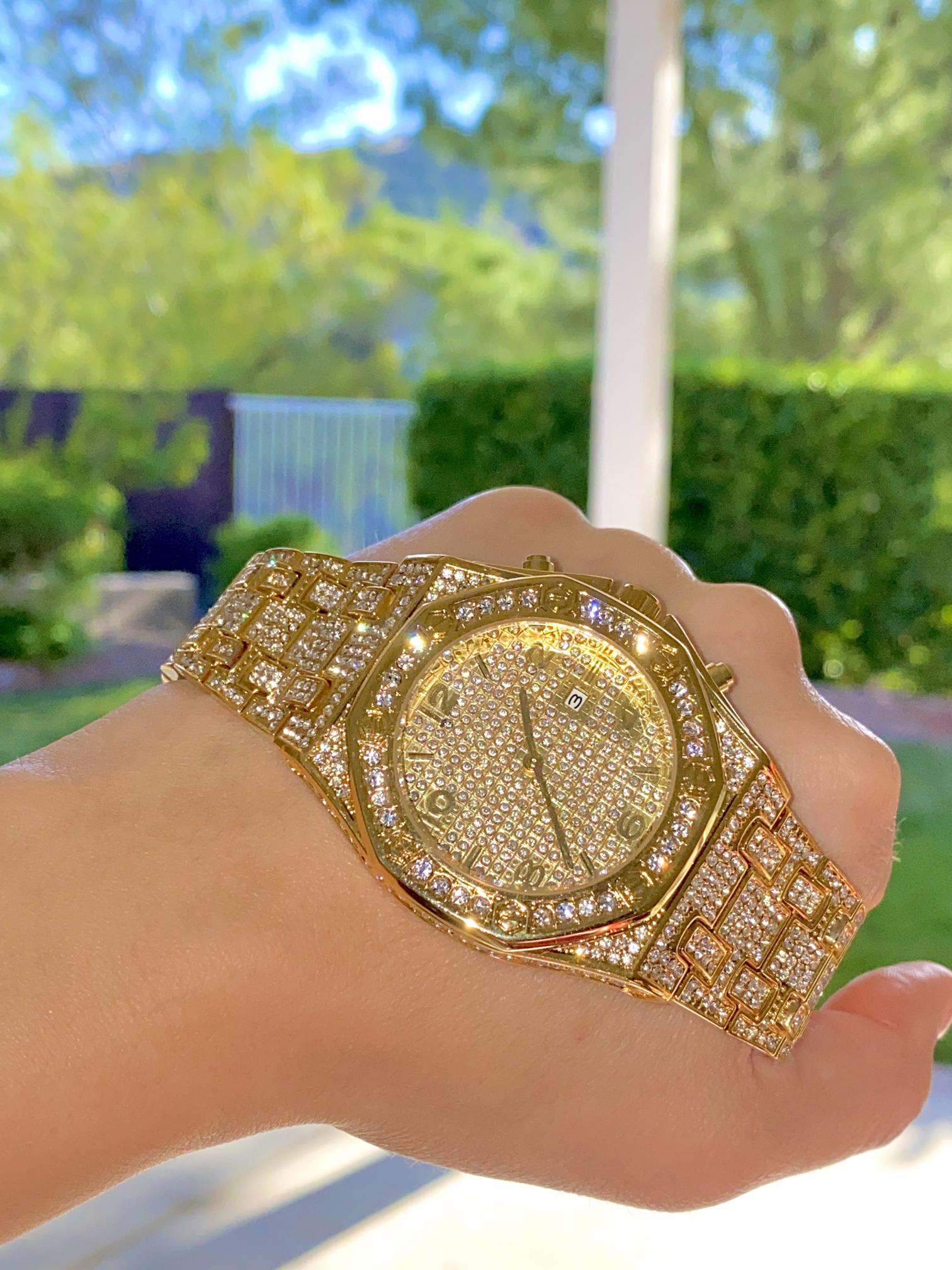 Gold iced-out octagon watch with pavé dial, gold markers, and diamond bracelet – luxury streetwear timepiece