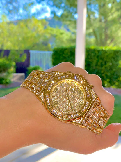 Gold iced-out octagon watch with pavé dial, gold markers, and diamond bracelet – luxury streetwear timepiece
