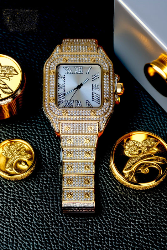 Gold-tone unisex watch with a square dial, diamond-studded bezel, and Roman numeral markers. The watch features a luxurious crystal-encrusted band, offering a sparkling and elegant design.