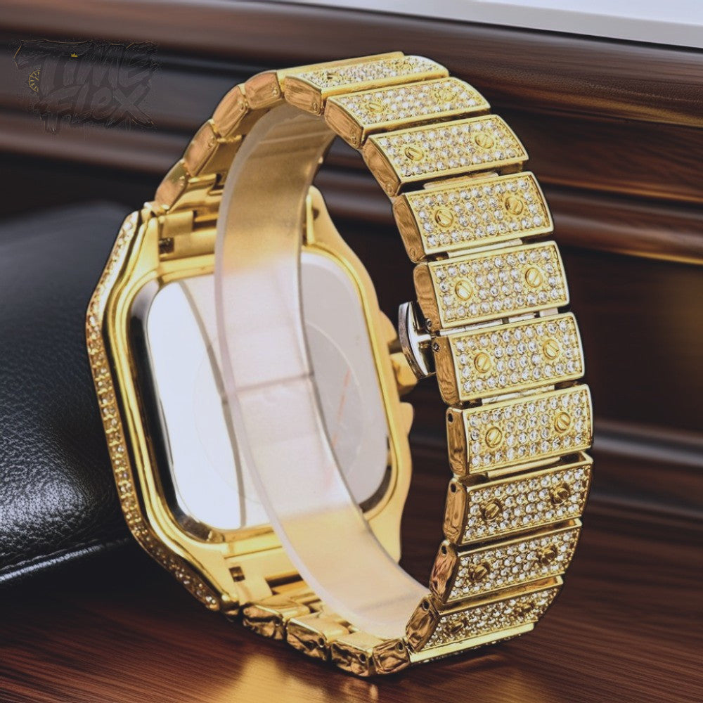 Gold-tone unisex watch with a square dial, diamond-studded bezel, and Roman numeral markers. The watch features a luxurious crystal-encrusted band, offering a sparkling and elegant design.