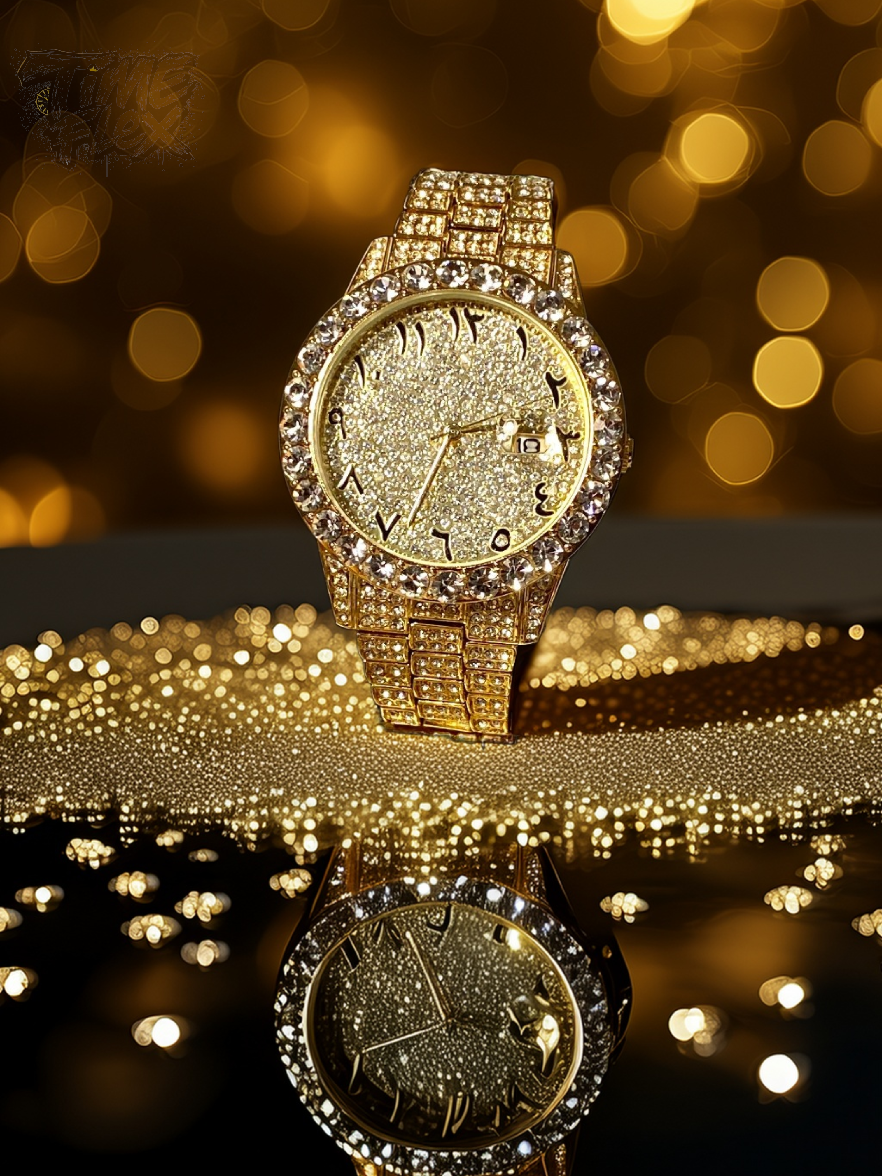 Gold-tone unisex watch with a sparkling, diamond-studded bezel and crystal-encrusted band. The watch features a glittering gold dial with unique Roman numerals and a date display, offering a luxurious and eye-catching look.