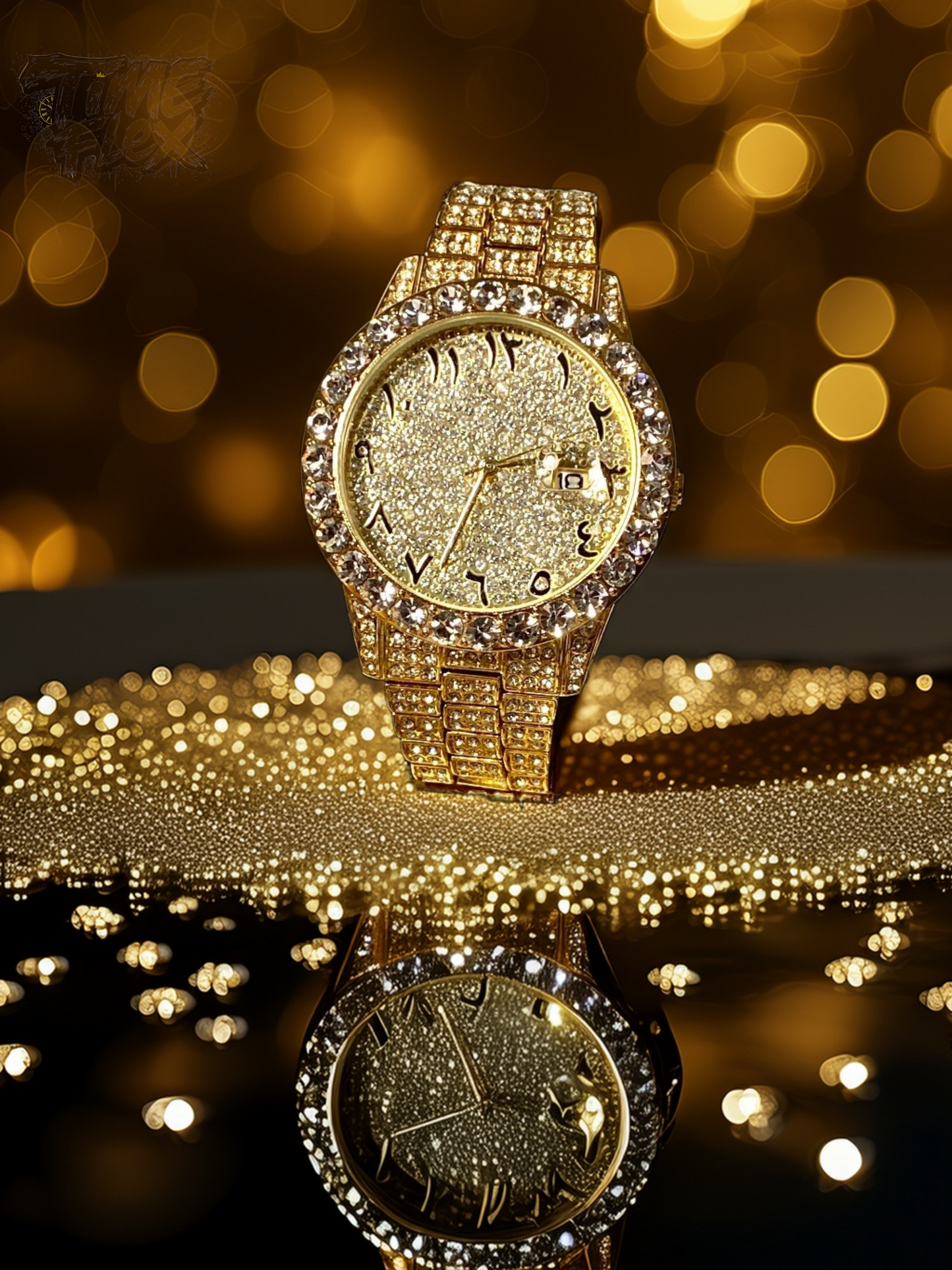 Gold-tone unisex watch with a sparkling, diamond-studded bezel and crystal-encrusted band. The watch features a glittering gold dial with unique Roman numerals and a date display, offering a luxurious and eye-catching look.