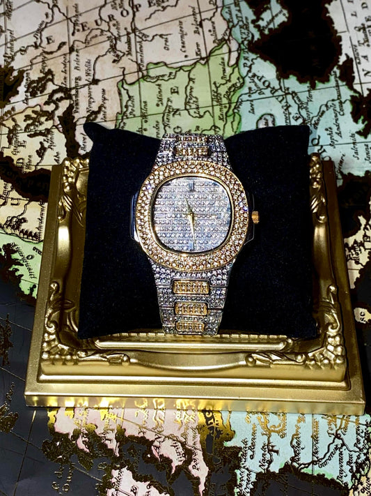 Two-tone iced-out watch with gold bezel, grid pavé dial, and diamond bracelet – luxury streetwear style