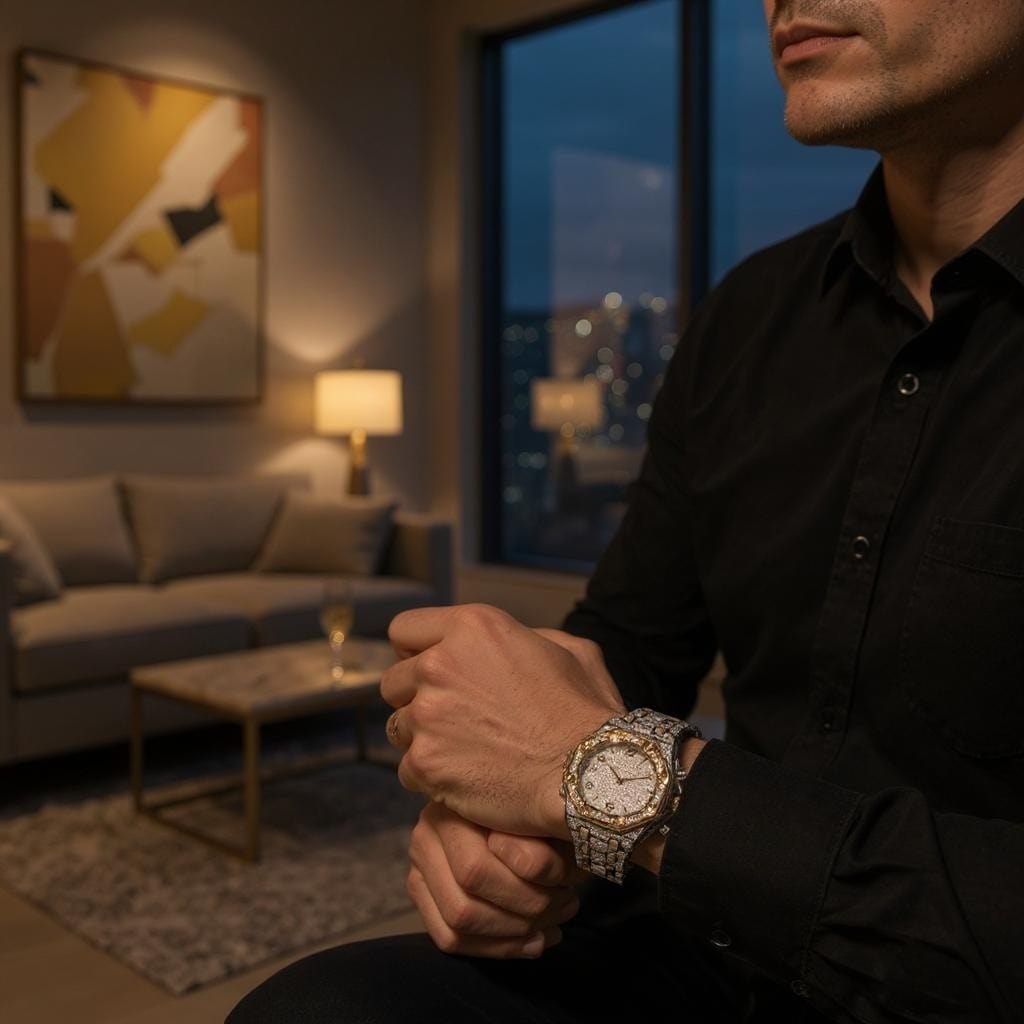 Iced-out two-tone watch with gold hex bezel, silver pavé dial, and chronograph details – urban luxury timepiece