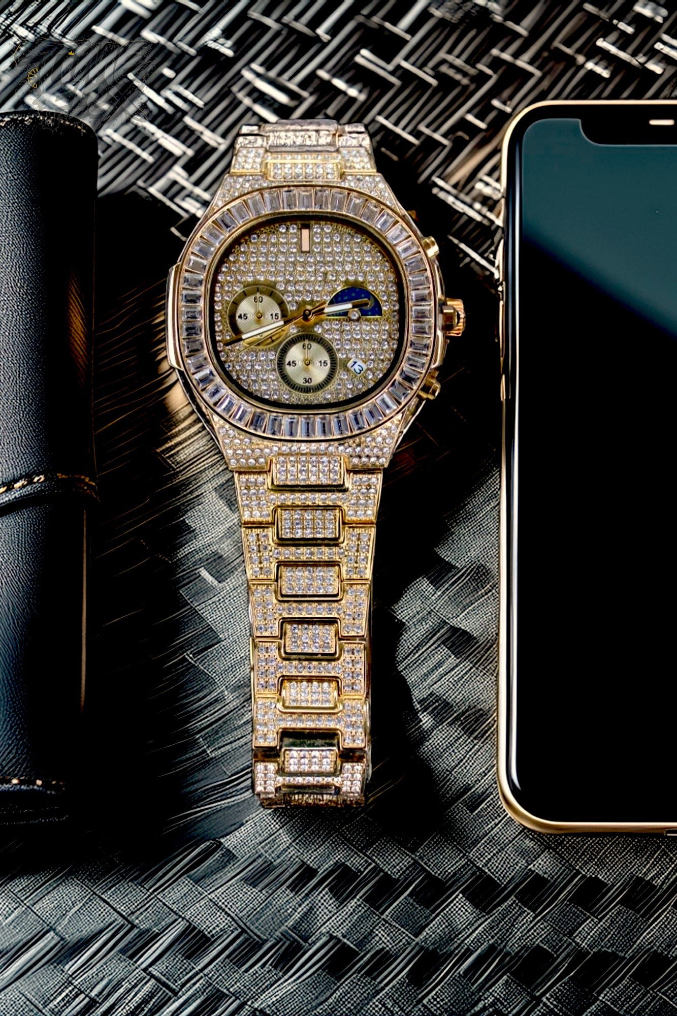 Gold-tone unisex watch with a diamond-studded dial and bezel. The watch features dual sub-dials, a moonphase display, and a sparkling crystal-encrusted band, offering a luxurious and high-end look.