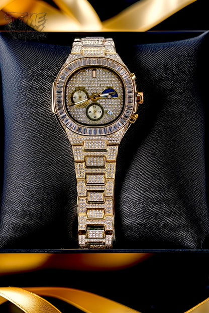 Gold-tone unisex watch with a diamond-studded dial and bezel. The watch features dual sub-dials, a moonphase display, and a sparkling crystal-encrusted band, offering a luxurious and high-end look.