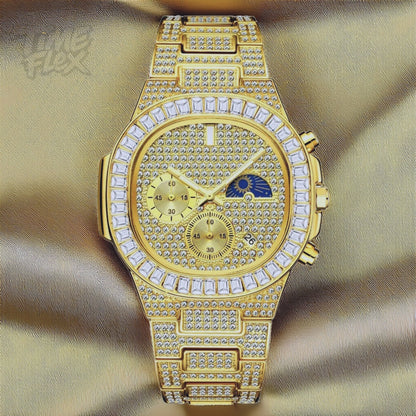 Gold-tone unisex watch with a diamond-studded dial and bezel. The watch features dual sub-dials, a moonphase display, and a sparkling crystal-encrusted band, offering a luxurious and high-end look.
