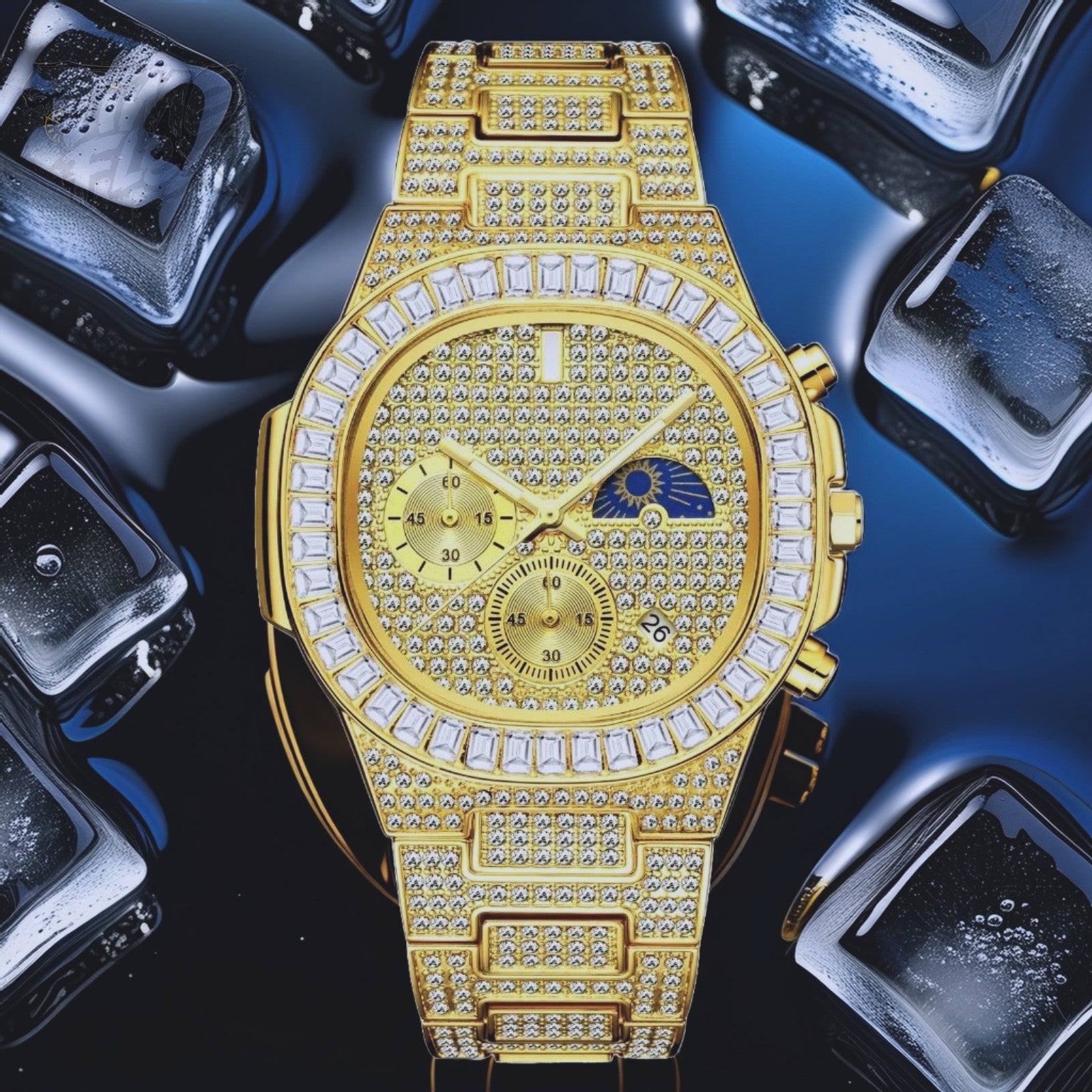 Gold-tone unisex watch with a diamond-studded dial and bezel. The watch features dual sub-dials, a moonphase display, and a sparkling crystal-encrusted band, offering a luxurious and high-end look.