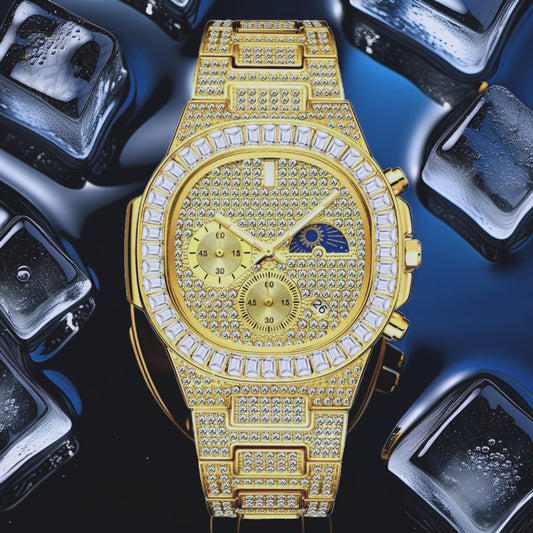 Gold-tone unisex watch with a diamond-studded dial and bezel. The watch features dual sub-dials, a moonphase display, and a sparkling crystal-encrusted band, offering a luxurious and high-end look.