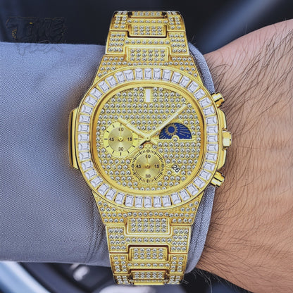 Gold-tone unisex watch with a diamond-studded dial and bezel. The watch features dual sub-dials, a moonphase display, and a sparkling crystal-encrusted band, offering a luxurious and high-end look.
