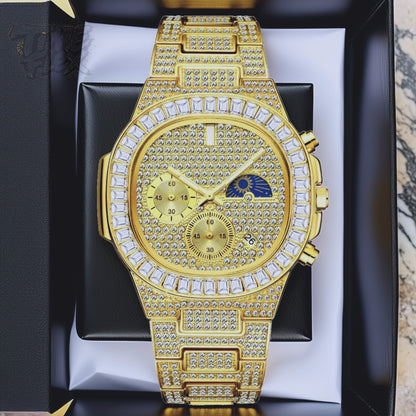 Gold-tone unisex watch with a diamond-studded dial and bezel. The watch features dual sub-dials, a moonphase display, and a sparkling crystal-encrusted band, offering a luxurious and high-end look.