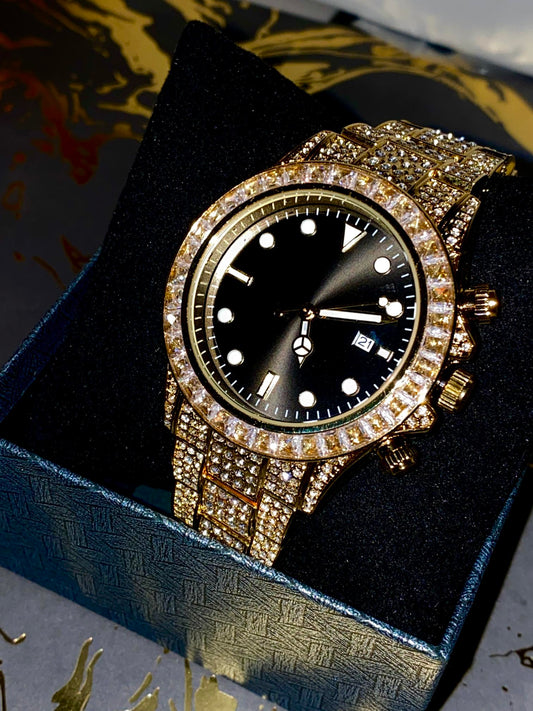 Gold iced chronograph watch with black dial on black silk background – NightBurst 42MM by Time Flex