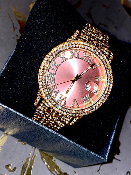 Time Flex Pink Luxe iced watch with Roman numerals and date display – soft glam hero image