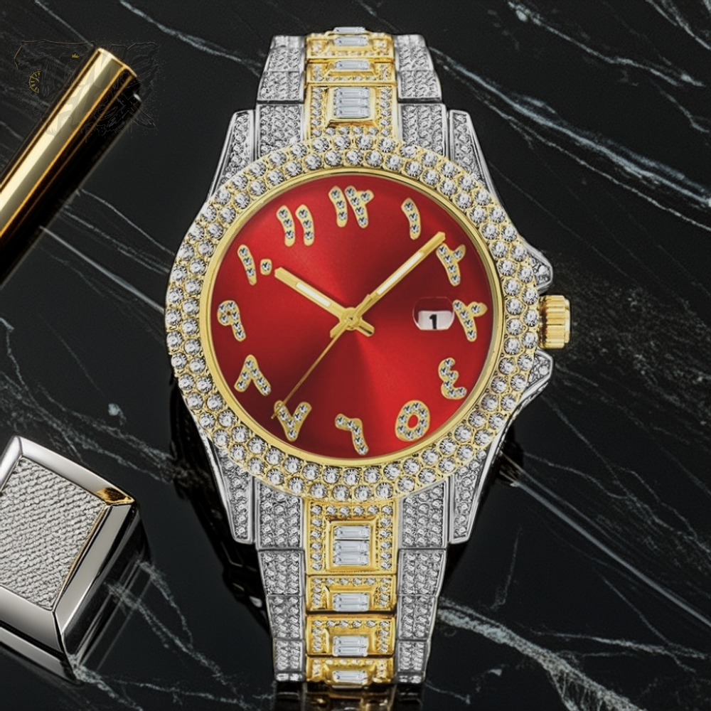 Two-tone silver and gold men's and women's watch with a red dial and diamond-studded bezel. The watch features crystal-encrusted Roman numerals, a date display at the 3 o'clock position, and a luxurious, sparkling band with rectangular stones.