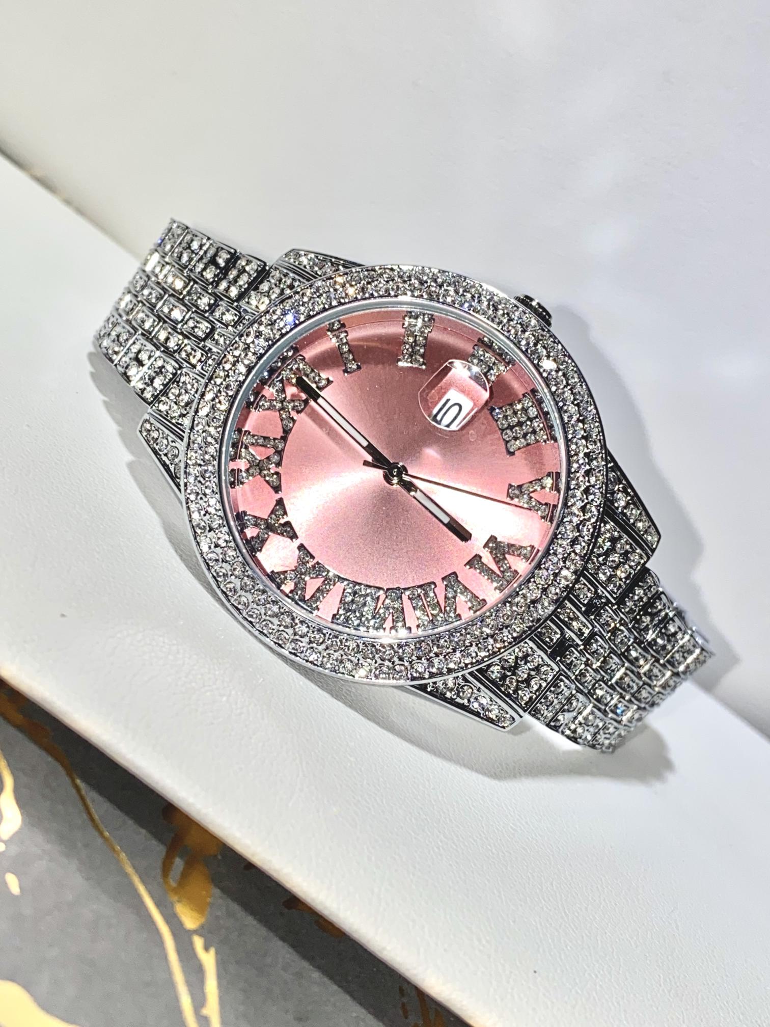 Rose gold Roman numeral iced watch with silver strap on white background – Rosé Royale 38MM by Time Flex