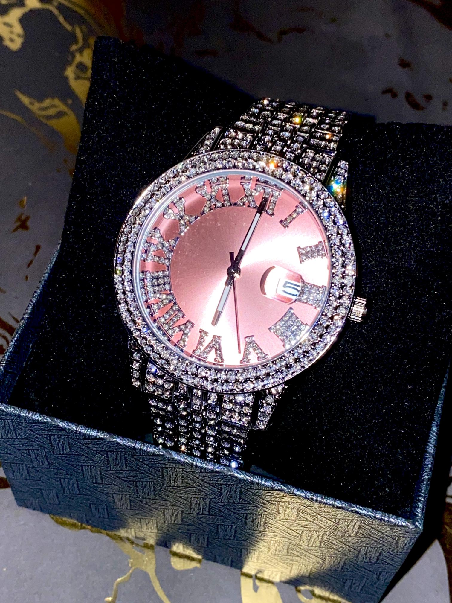 Rose gold Roman numeral iced watch with silver strap on white background – Rosé Royale 38MM by Time Flex