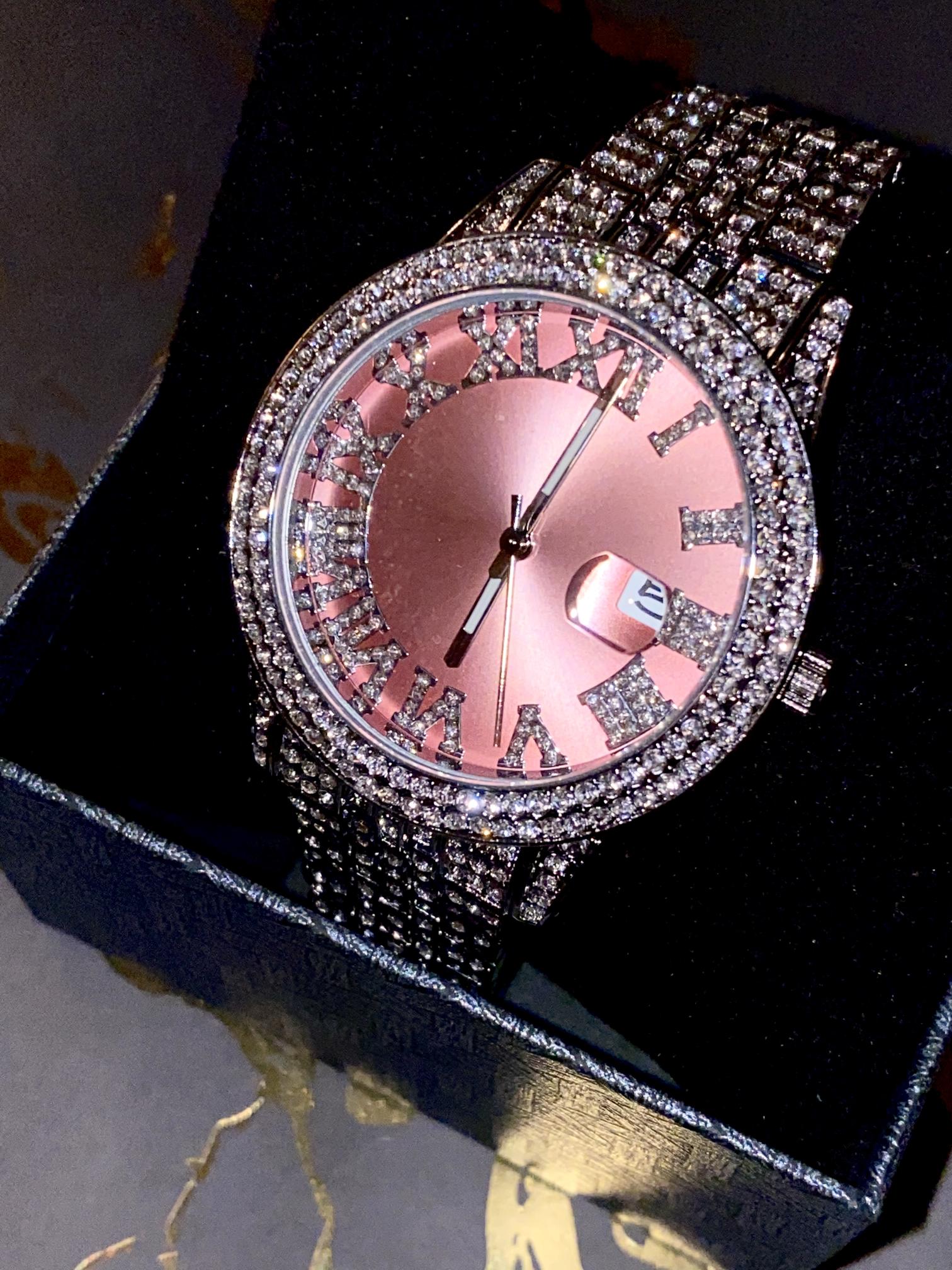 Rose gold Roman numeral iced watch with silver strap on white background – Rosé Royale 38MM by Time Flex