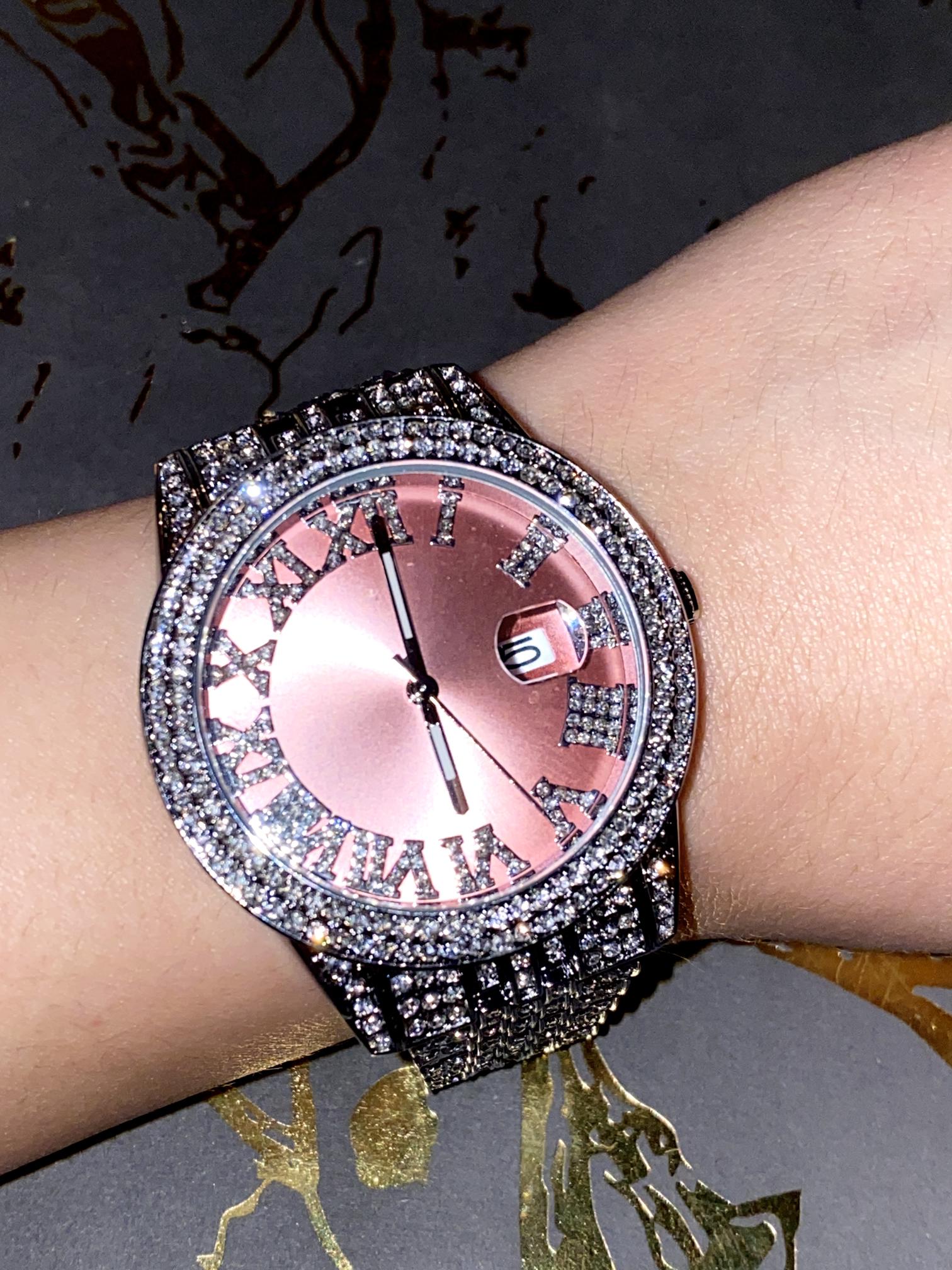 Rose gold Roman numeral iced watch with silver strap on white background – Rosé Royale 38MM by Time Flex