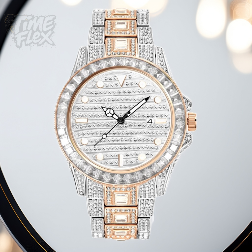 Silver and gold men's women's watch with a diamond-studded bezel and rectangular stone accents on the band. The watch features a sleek white dial with black hands and a date display.