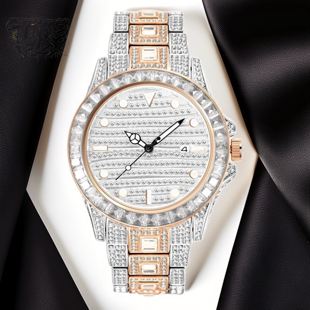 Silver and gold men's women's watch with a diamond-studded bezel and rectangular stone accents on the band. The watch features a sleek white dial with black hands and a date display.