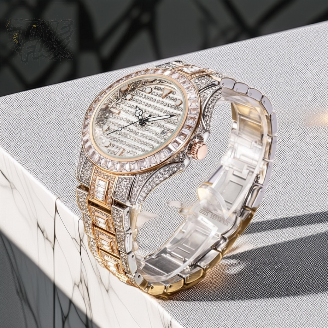 Silver and gold men's women's watch with a diamond-studded bezel and rectangular stone accents on the band. The watch features a sleek white dial with black hands and a date display.