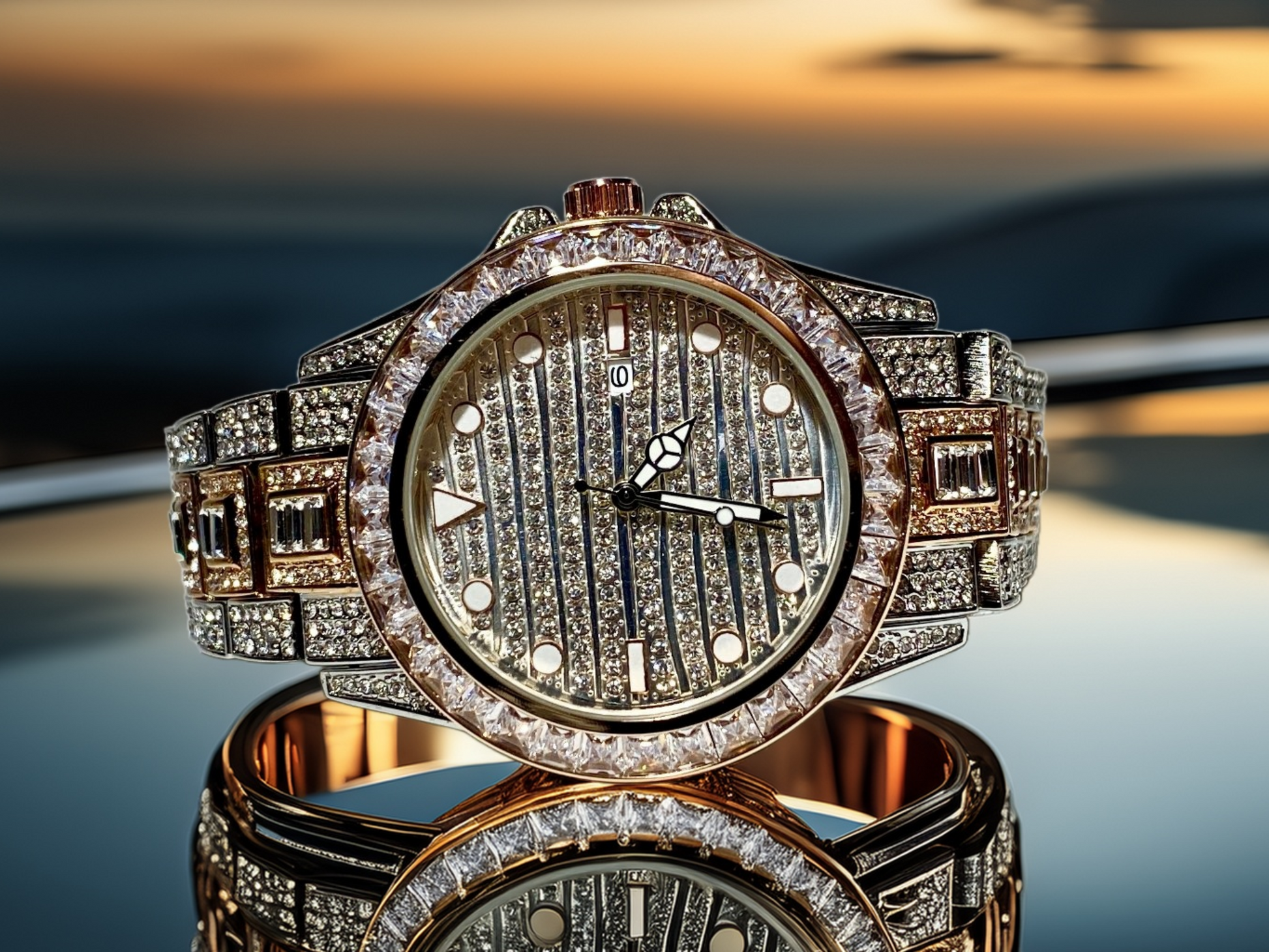 Silver and gold men's women's watch with a diamond-studded bezel and rectangular stone accents on the band. The watch features a sleek white dial with black hands and a date display.