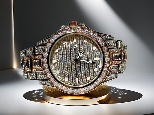 Silver and gold men's women's watch with a diamond-studded bezel and rectangular stone accents on the band. The watch features a sleek white dial with black hands and a date display.